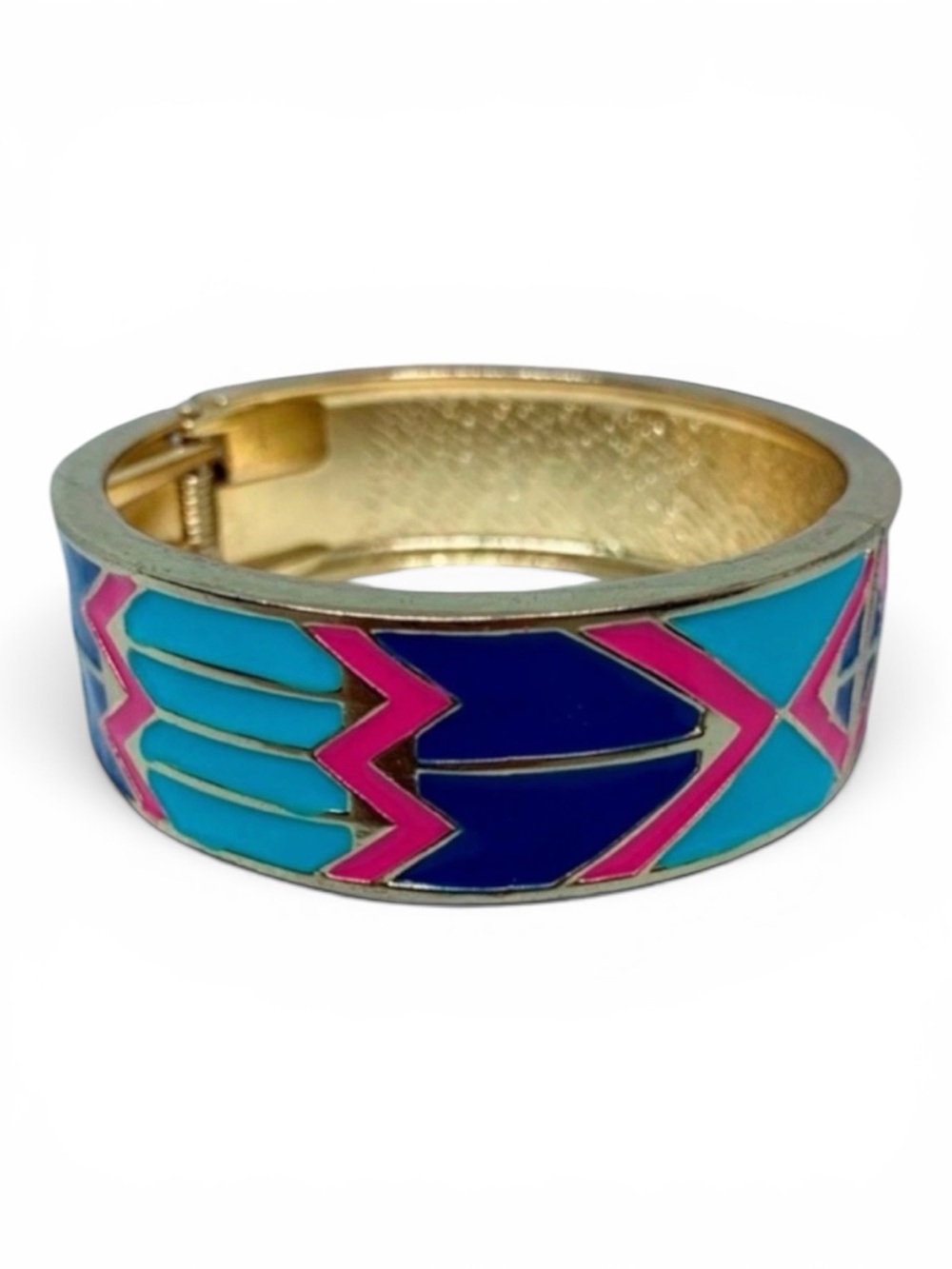 Enamel Hinged Bangle Bracelet Gold Tone Turquoise Pink Blue Geometric Statement